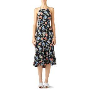Joie Floral Deme Halter Sleeveless Elastic Waist Ruffle Hi Low Silk Dress P2991